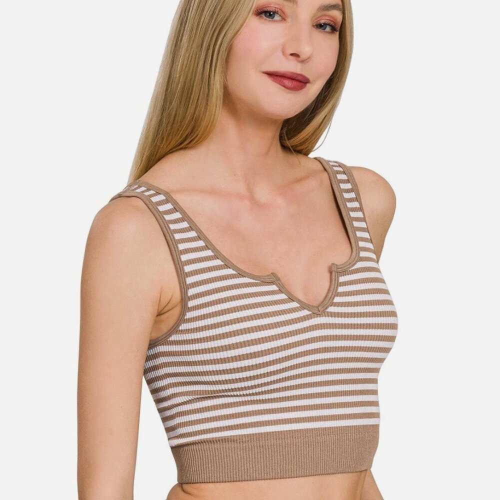 Zenana Mocha and White Striped Ribbed Seamless Crop Tank L/XL NEW
